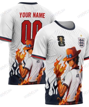 World Cup 2026 England X Op Portgas D. Ace Fire Graphic All Over Print Jersey Shirt Hoodie