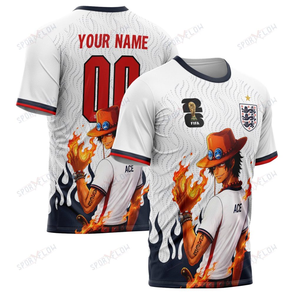 World Cup 2026 England X Op Portgas D. Ace Fire Graphic All Over Print Jersey Shirt Hoodie