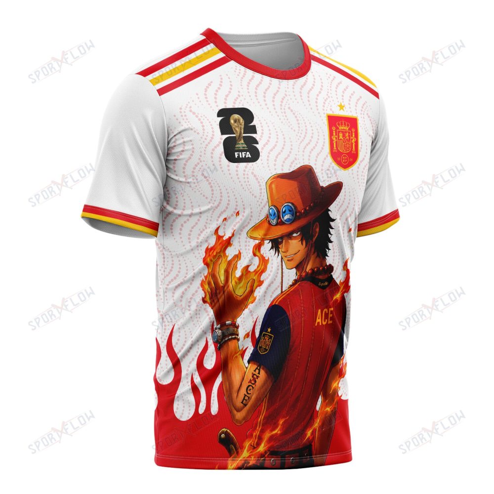 World Cup 2026 Spain X Op Portgas D. Ace Fire Graphic All Over Print Jersey Shirt Hoodie - Image 2