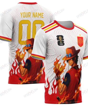 World Cup 2026 Spain X Op Portgas D. Ace Fire Graphic All Over Print Jersey Shirt Hoodie