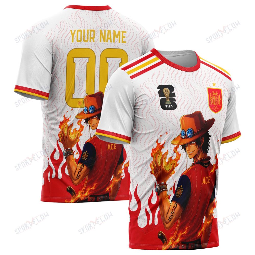 World Cup 2026 Spain X Op Portgas D. Ace Fire Graphic All Over Print Jersey Shirt Hoodie