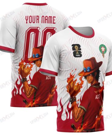 World Cup 2026 Morocco X Op Portgas D. Ace Fire Graphic All Over Print Jersey Shirt Hoodie