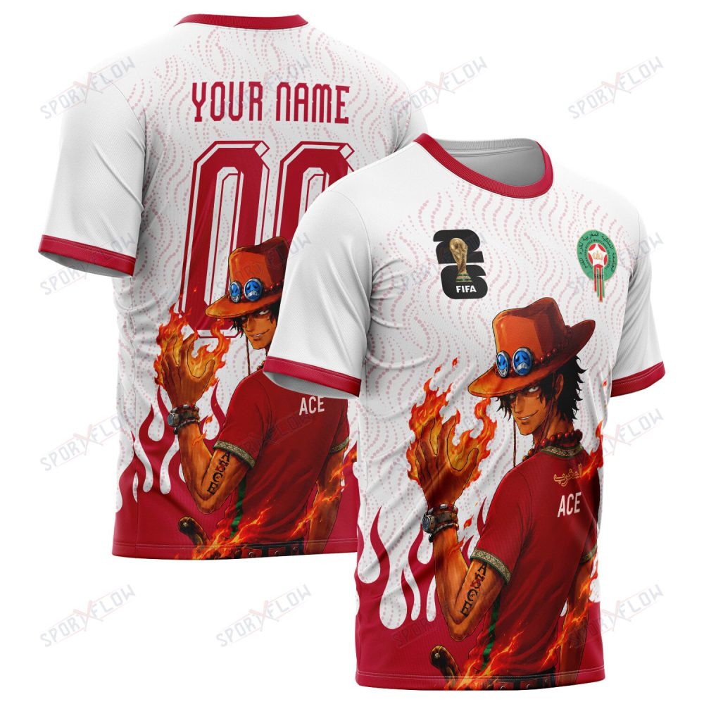 World Cup 2026 Morocco X Op Portgas D. Ace Fire Graphic All Over Print Jersey Shirt Hoodie
