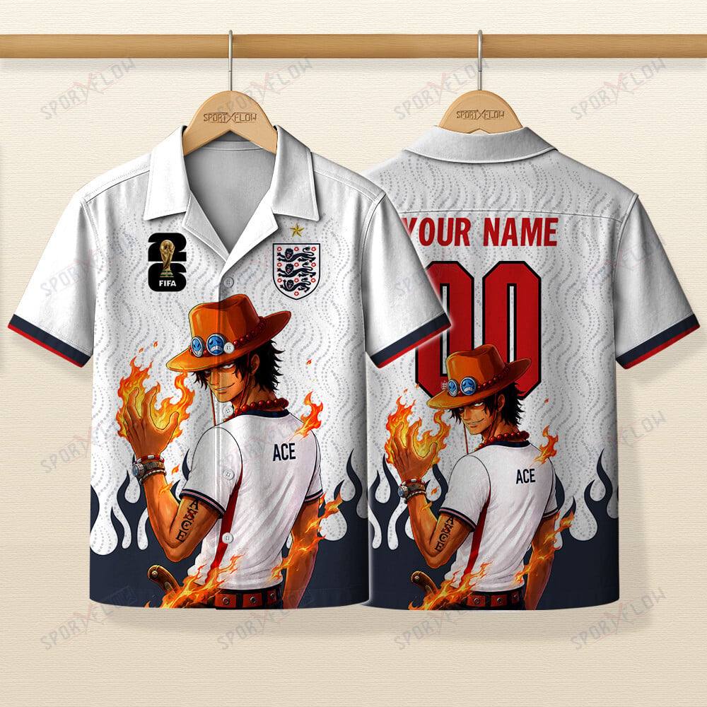 World Cup 2026 England X Op Portgas D. Ace Fire Graphic Hawaiian Shirt