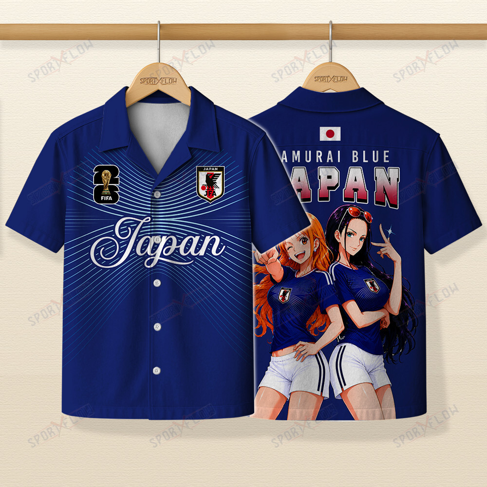 World Cup 2026 Japan X Op Nami Robin Samurai Blue Hawaiian Shirt