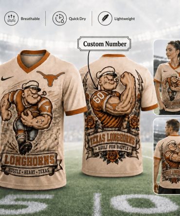 Texas Longhorns , Premium Ncaa Popeye Vintage Tattoo 3D T-Shirt Bk