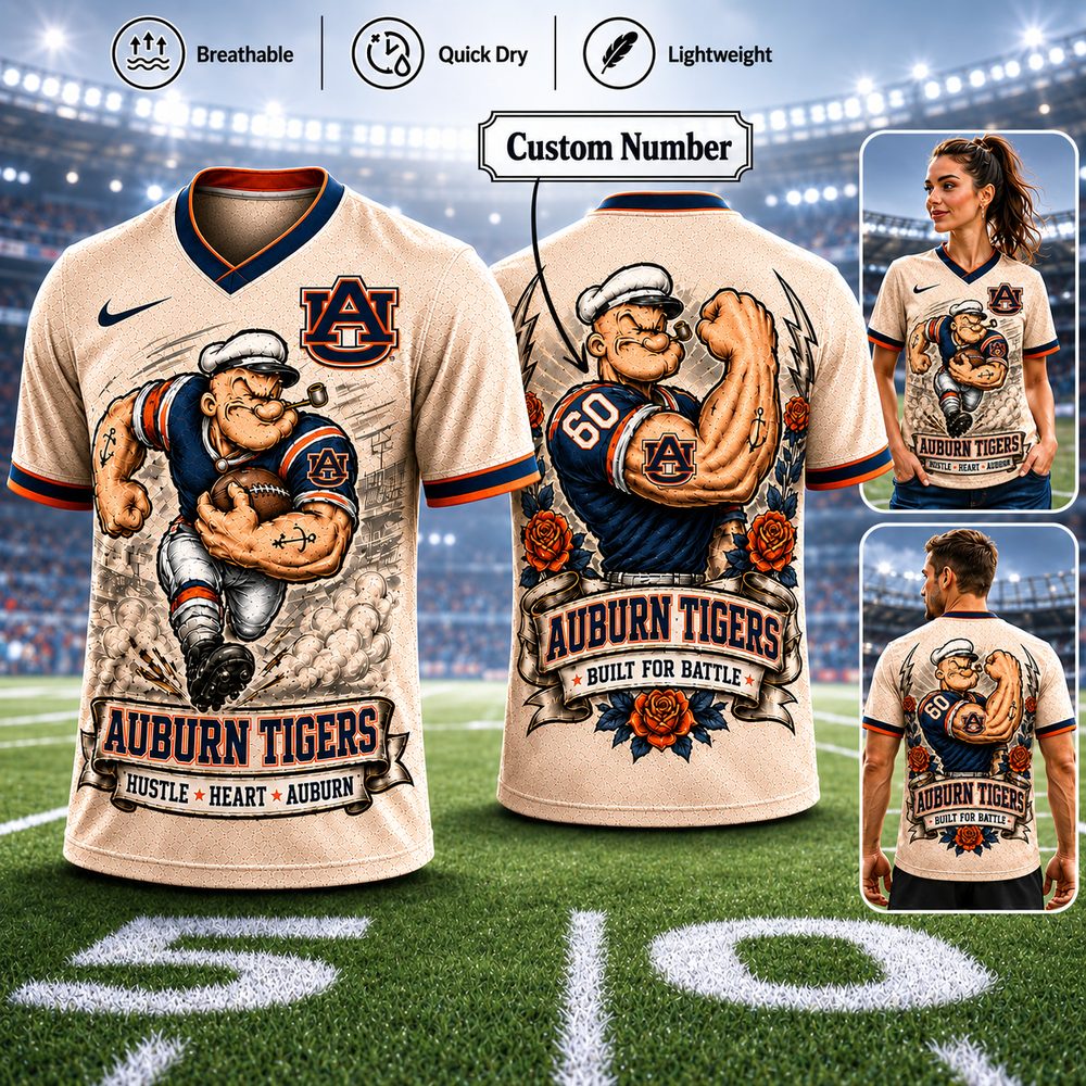 Auburn Tigers , Premium Ncaa Popeye Vintage Tattoo 3D T-Shirt Bk