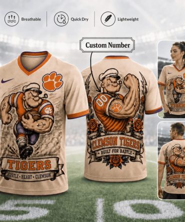 Clemson Tigers , Premium Ncaa Popeye Vintage Tattoo 3D T-Shirt Bk
