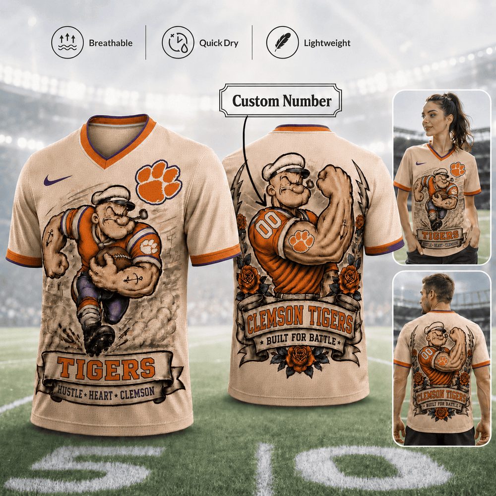 Clemson Tigers , Premium Ncaa Popeye Vintage Tattoo 3D T-Shirt Bk