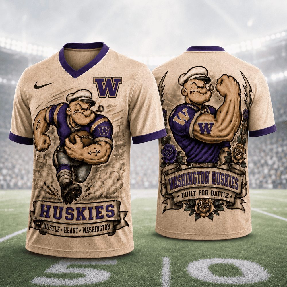 Washington Huskies , Premium Ncaa Popeye Vintage Tattoo 3D T-Shirt Bk