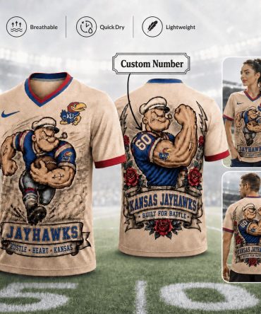 Kansas Jayhawks , Premium Ncaa Popeye Vintage Tattoo 3D T-Shirt Bk