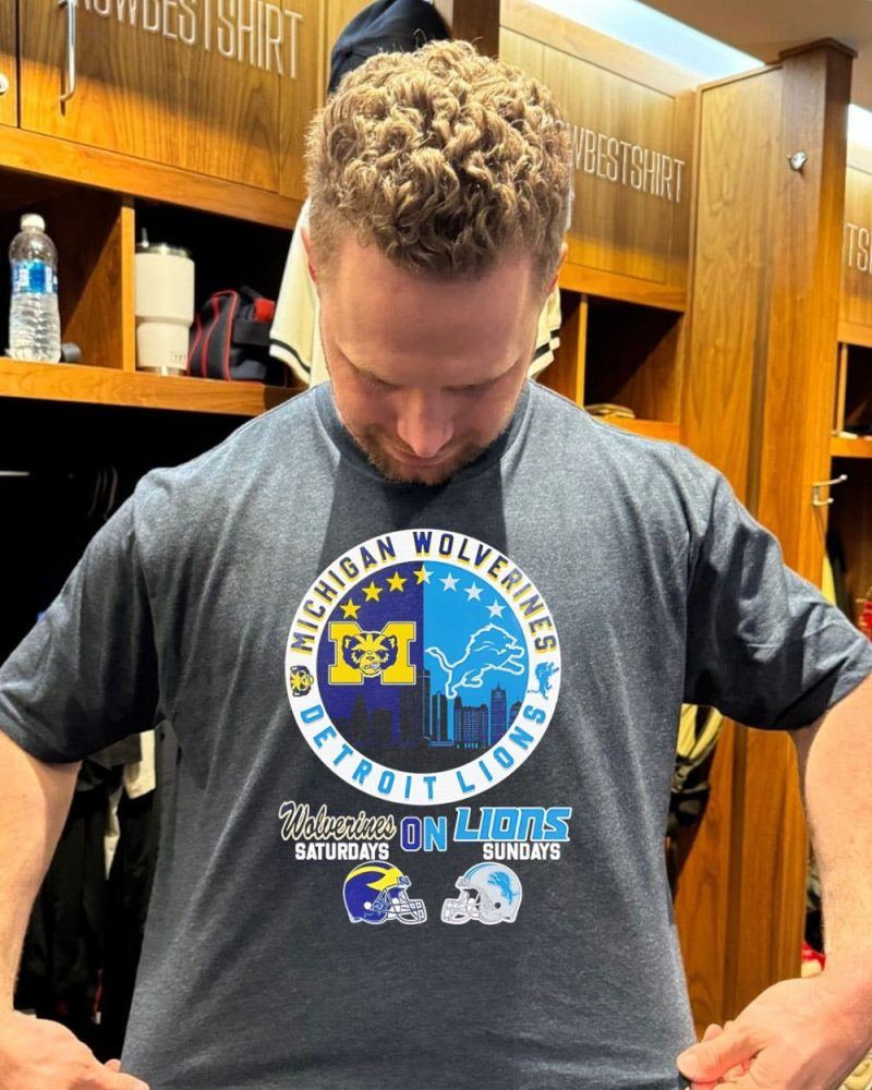 Michigan Wolverines On Detroit Lions Saturdays Sundays Helmet Skyline T-Shirt