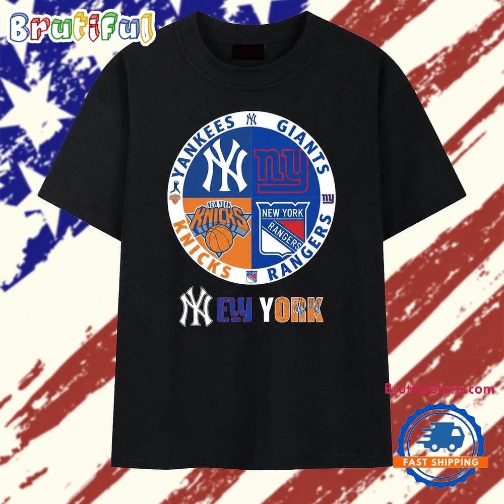 New York Yankees Giants Knicks Rangers Four Teams Circle Logo T Shirt