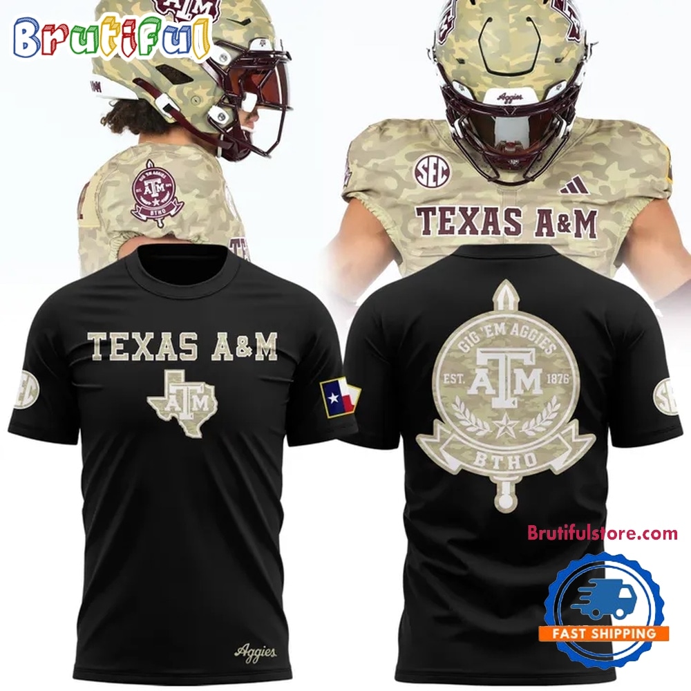 Texas A&M Aggies Honor & Support Camo Logo Black T Shirt