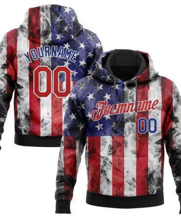 Custom White Red Royal-Black 3D American Flag Fashion Sports Pullover Sweatshirt Hoodie, Gift For Football, Baseball, Hockey, Basketball, Softball & Rugby Fans