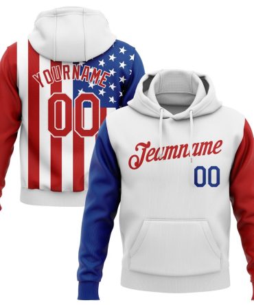 Custom White Red-Royal 3D American Flag Fashion Sports Pullover Sweatshirt Hoodie, Gift For Football, Baseball, Hockey, Basketball, Softball & Rugby Fans
