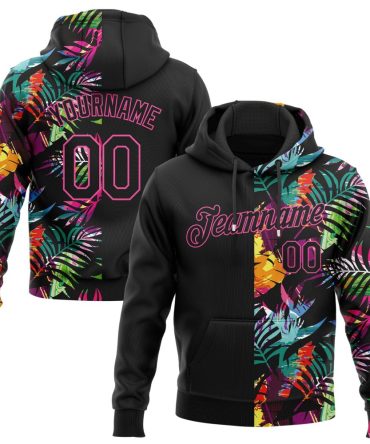 Custom Black Black-Pink 3D Pattern Design Tropical Palm Leaves Sports Pullover Sweatshirt Hoodie, Gift For Football, Baseball, Hockey, Basketball, Softball & Rugby Fans