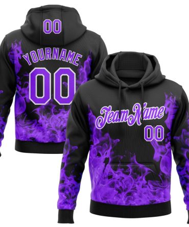 Custom Black Purple-White 3D Pattern Design Flame Sports Pullover Sweatshirt Hoodie, Gift For Football, Baseball, Hockey, Basketball, Softball & Rugby Fans