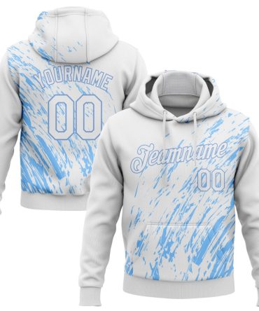 Custom White White-Light Blue 3D Pattern Design Sports Pullover Sweatshirt Hoodie, Gift For Football, Baseball, Hockey, Basketball, Softball & Rugby Fans