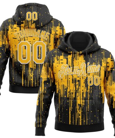 Custom Black Gold-White Dripping Splatter Sports Pullover Sweatshirt Hoodie, Gift For Football, Baseball, Hockey, Basketball, Softball & Rugby Fans