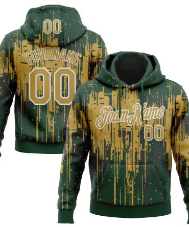 Custom Green Old Gold-White Dripping Splatter Sports Pullover Sweatshirt Hoodie, Gift For Football, Baseball, Hockey, Basketball, Softball & Rugby Fans