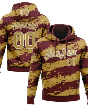 Custom Burgundy Old Gold-White Splash Torn Paper Style Sports Pullover Sweatshirt Hoodie, Gift For Football, Baseball, Hockey, Basketball, Softball & Rugby Fans