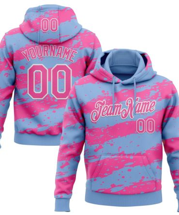 Custom Light Blue Pink-White Splash Torn Paper Style Sports Pullover Sweatshirt Hoodie, Gift For Football, Baseball, Hockey, Basketball, Softball & Rugby Fans