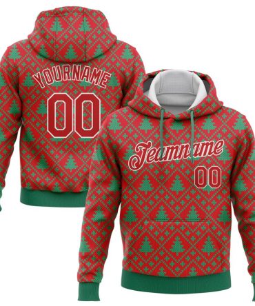 Custom Red Red-Kelly Green 3D Christmas Trees Sports Pullover Sweatshirt Hoodie, Gift For Football, Baseball, Hockey, Basketball, Softball & Rugby Fans