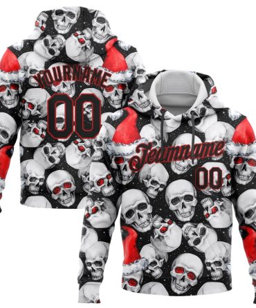Custom White Black-Red 3D Skulls And Christmas Santa'S Hat Sports Pullover Sweatshirt Hoodie, Gift For Football, Baseball, Hockey, Basketball, Softball & Rugby Fans
