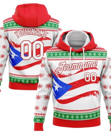 Custom Red White-Kelly Green 3D Puerto Rican Flag Sports Pullover Sweatshirt Hoodie, Gift For Football, Baseball, Hockey, Basketball, Softball & Rugby Fans