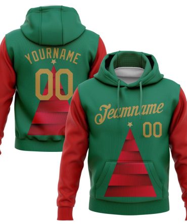 Custom Kelly Green Old Gold-Red 3D Christmas Tree Sports Pullover Sweatshirt Hoodie, Gift For Football, Baseball, Hockey, Basketball, Softball & Rugby Fans