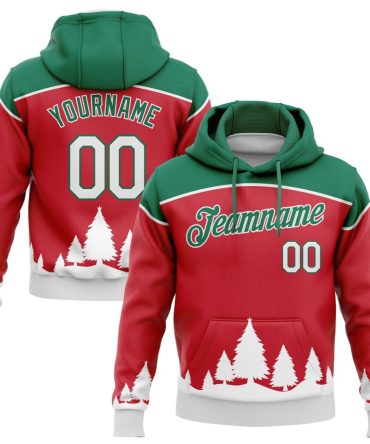 Custom Red White-Kelly Green 3D Christmas Trees Sports Pullover Sweatshirt Hoodie, Gift For Football, Baseball, Hockey, Basketball, Softball & Rugby Fans