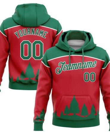 Custom Red Kelly Green-White 3D Christmas Trees Sports Pullover Sweatshirt Hoodie, Gift For Football, Baseball, Hockey, Basketball, Softball & Rugby Fans