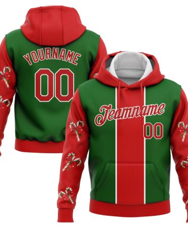 Custom Kelly Green Red-White 3D Christmas Candy Canes Sports Pullover Sweatshirt Hoodie, Gift For Football, Baseball, Hockey, Basketball, Softball & Rugby Fans