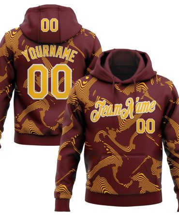 Custom Burgundy Gold-White Curve Lines Sports Pullover Sweatshirt Hoodie, Gift For Football, Baseball, Hockey, Basketball, Softball & Rugby Fans
