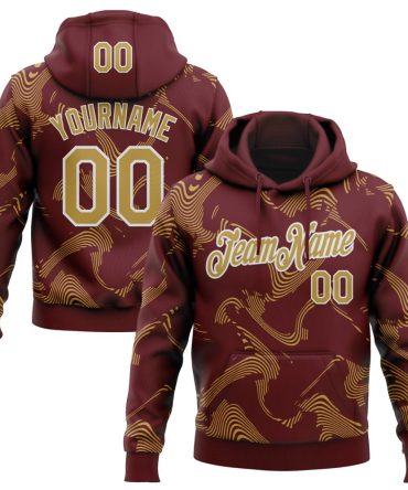 Custom Burgundy Old Gold-White Curve Lines Sports Pullover Sweatshirt Hoodie, Gift For Football, Baseball, Hockey, Basketball, Softball & Rugby Fans