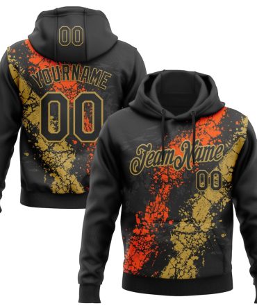 Custom Black Orange-Old Gold Splash Sports Pullover Sweatshirt Hoodie, Gift For Football, Baseball, Hockey, Basketball, Softball & Rugby Fans
