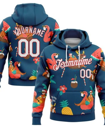 Custom Navy White-Red 3D Tropical Christmas Santas With Reindeers And Flamingos Sports Pullover Sweatshirt Hoodie, Gift For Football, Baseball, Hockey, Basketball, Softball & Rugby Fans