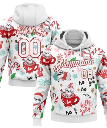 Custom White White-Red 3D Christmas Sloths Sports Pullover Sweatshirt Hoodie, Gift For Football, Baseball, Hockey, Basketball, Softball & Rugby Fans