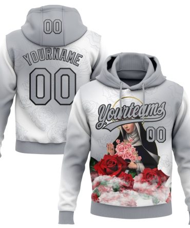 Custom Gray Black-White Religion The Virgin Mary Pullover Sweatshirt Hoodie, Gift For Football, Baseball, Hockey, Basketball, Softball & Rugby Fans