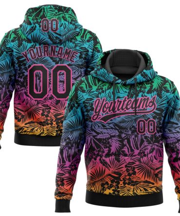 Custom Black Pink Tropical Hawaii Palm Leaves Sports Pullover Sweatshirt Hoodie, Gift For Football, Baseball, Hockey, Basketball, Softball & Rugby Fans