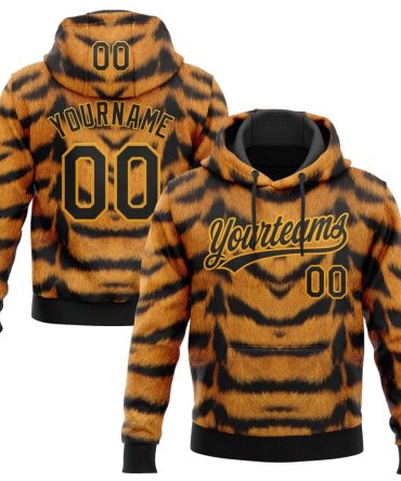 Custom Brown Black-Gold Tiger Print Sports Pullover Sweatshirt Hoodie, Gift For Football, Baseball, Hockey, Basketball, Softball & Rugby Fans