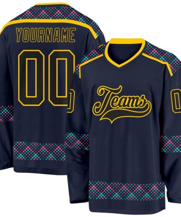 Custom Navy Black Yellow Pink-Ice Blue Plaid Hockey Jersey, Gift For Hockey Fans