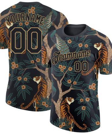 Custom Black Black-Old Gold 3D Pattern Design Tiger And Peacock Performance T-Shirt, For Football, Baseball, Hockey, Basketball, Softball & Rugby Fans
