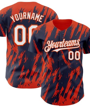 Custom Navy White-Orange Splatter Torn Sharp Brush Stroke Baseball Jersey, Gift For Baseball Fans