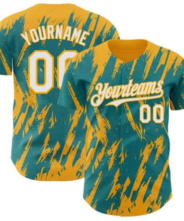 Custom Teal White-Gold Splatter Torn Sharp Brush Stroke Baseball Jersey, Gift For Baseball Fans