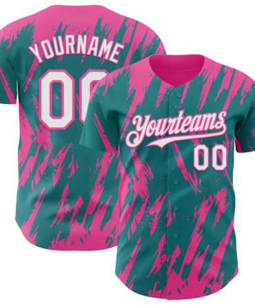 Custom Teal White-Pink Splatter Torn Sharp Brush Stroke Baseball Jersey, Gift For Baseball Fans