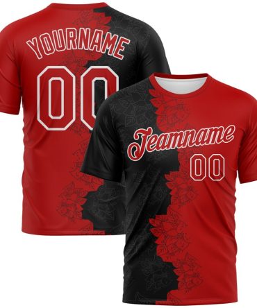 Custom Black Red-White Flower Sketch Split Fashion Performance T-Shirt, For Football, Baseball, Hockey, Basketball, Softball & Rugby Fans