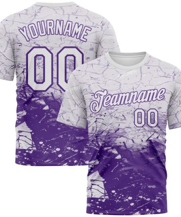 Custom White-Purple Cracked Ink Grunge Jazz Style Performance T-Shirt, For Football, Baseball, Hockey, Basketball, Softball & Rugby Fans