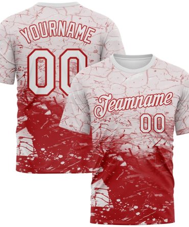 Custom White-Red Cracked Ink Grunge Jazz Style Performance T-Shirt, For Football, Baseball, Hockey, Basketball, Softball & Rugby Fans